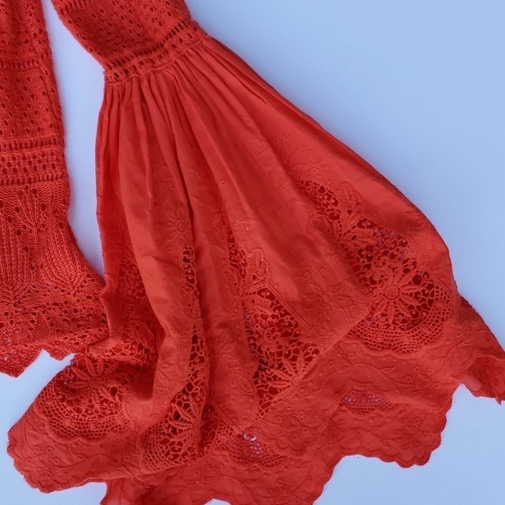 Free People Orange cotton lace Big Bell Sleeve Sml - Picture 2 of 6